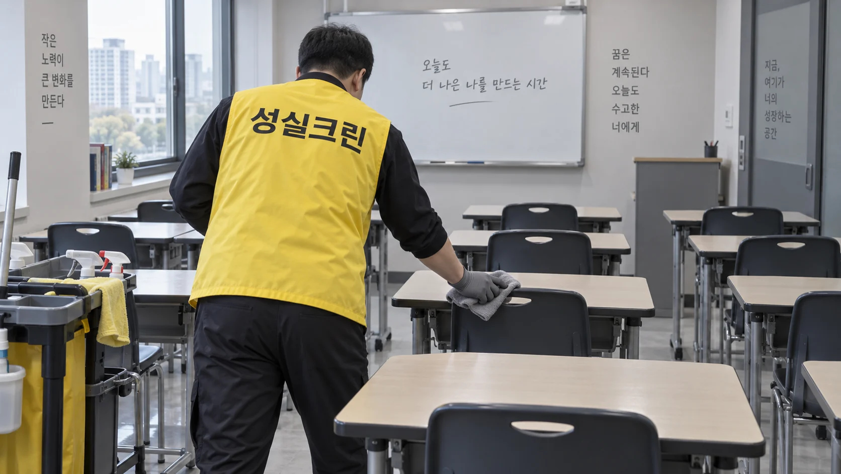 책상과 의자의 먼지를 닦습니다