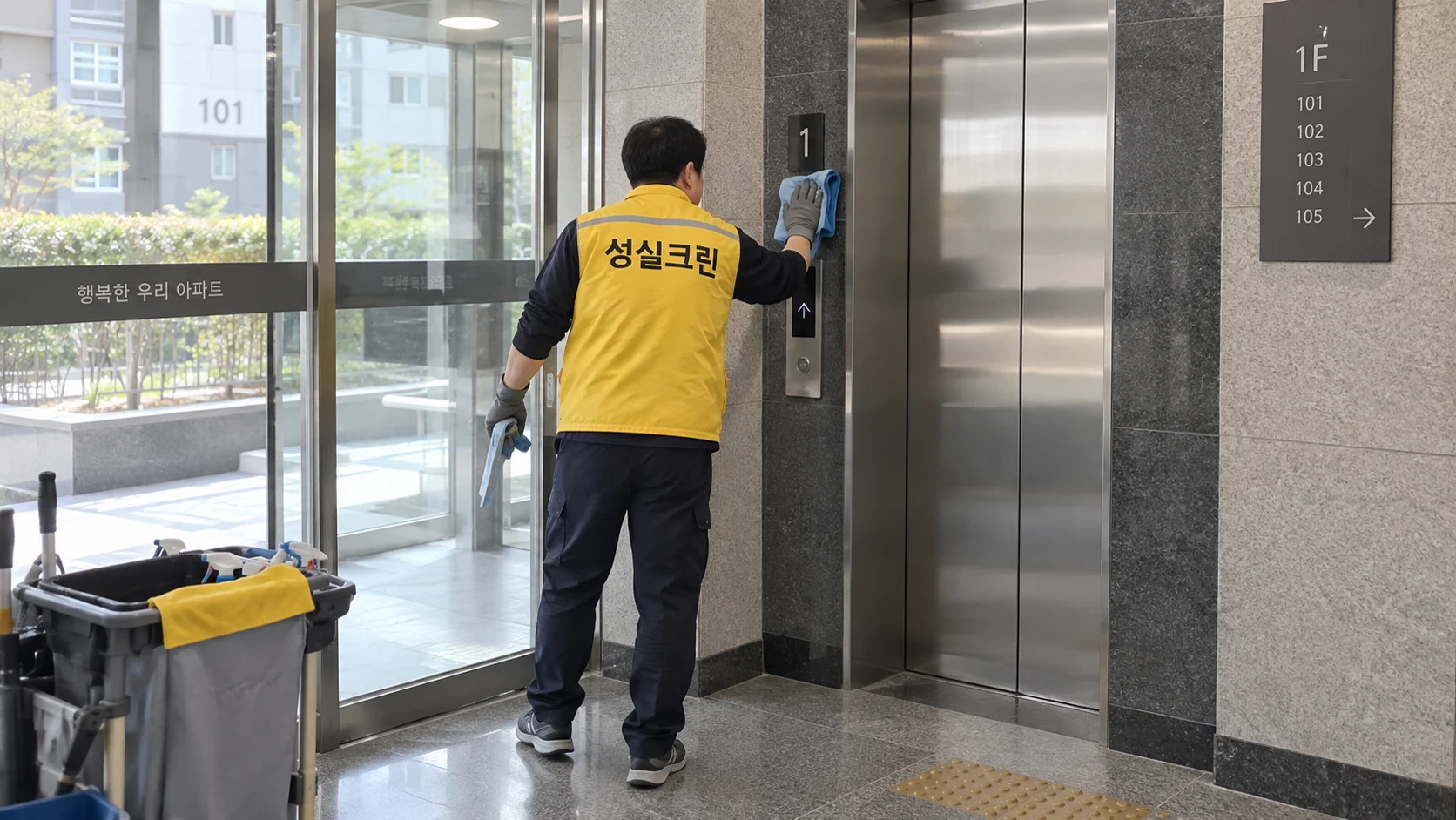 공동현관과 엘리베이터를 닦습니다