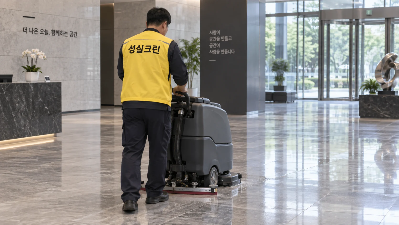 로비 바닥을 장비로 세척합니다