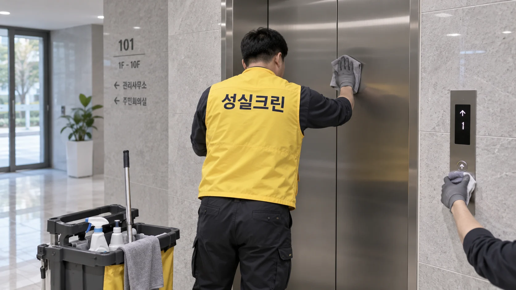 엘리베이터 버튼과 문을 닦습니다