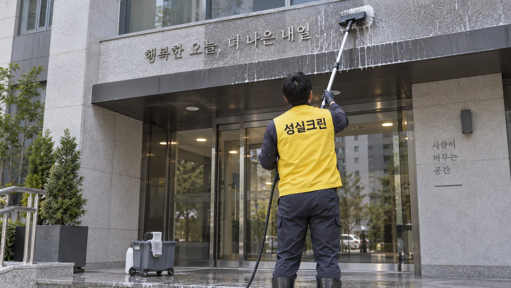 간판과 출입구 주변을 세밀하게 닦습니다