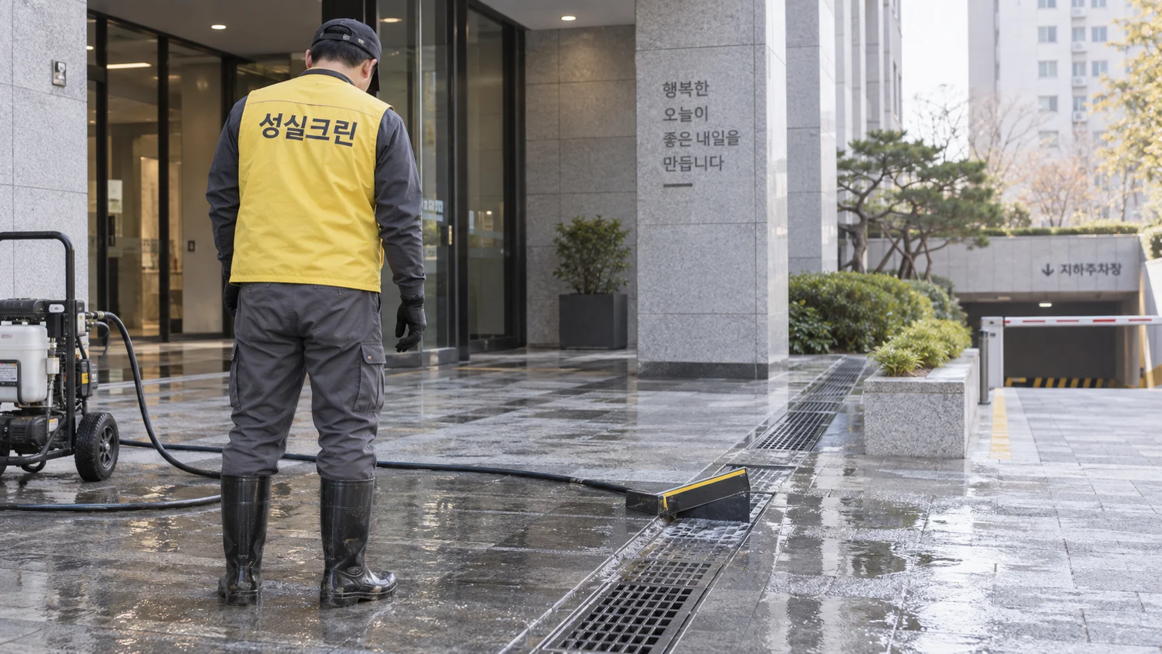 세척수와 외벽 마감 상태를 확인합니다