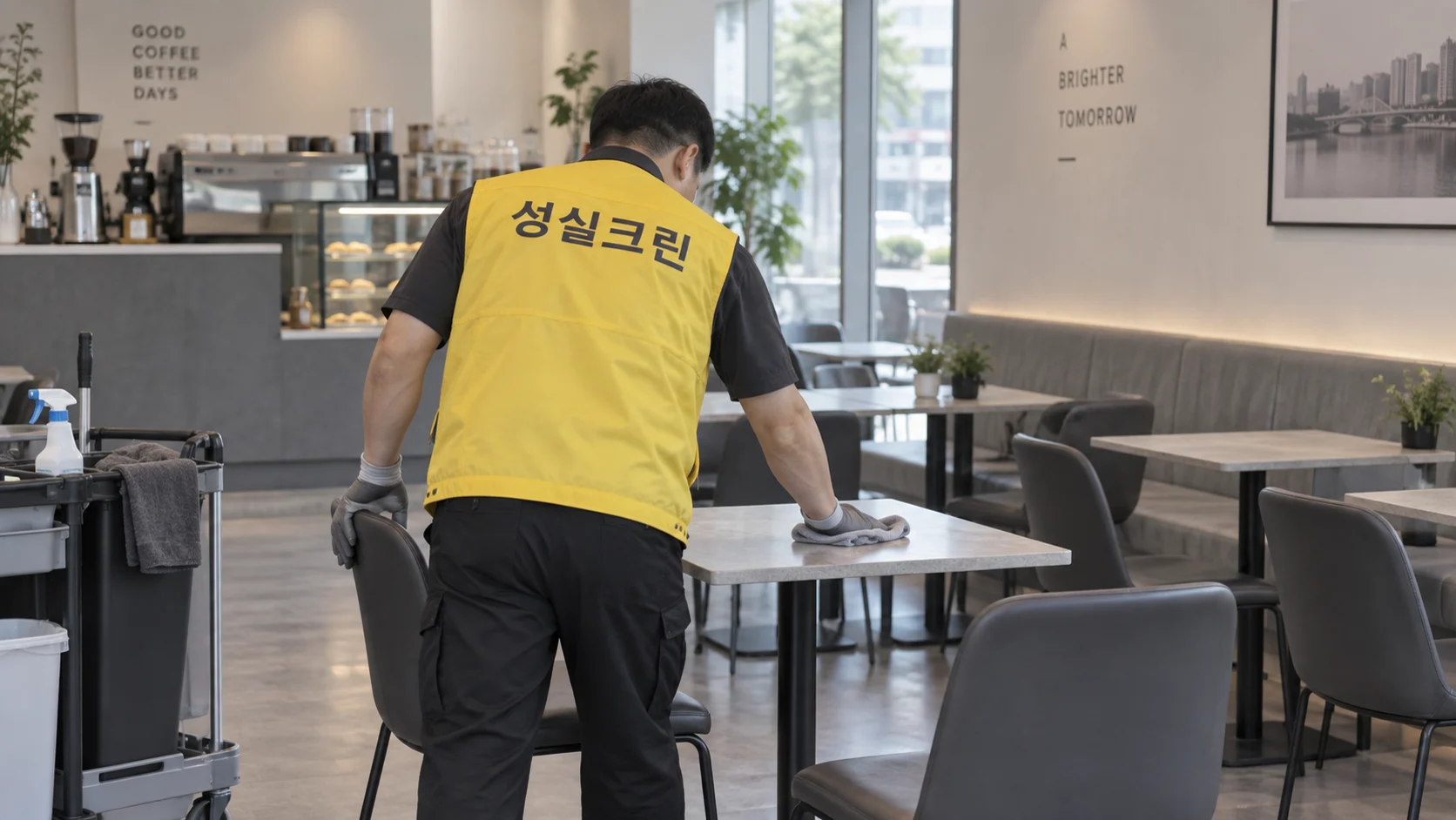 테이블과 의자를 닦습니다