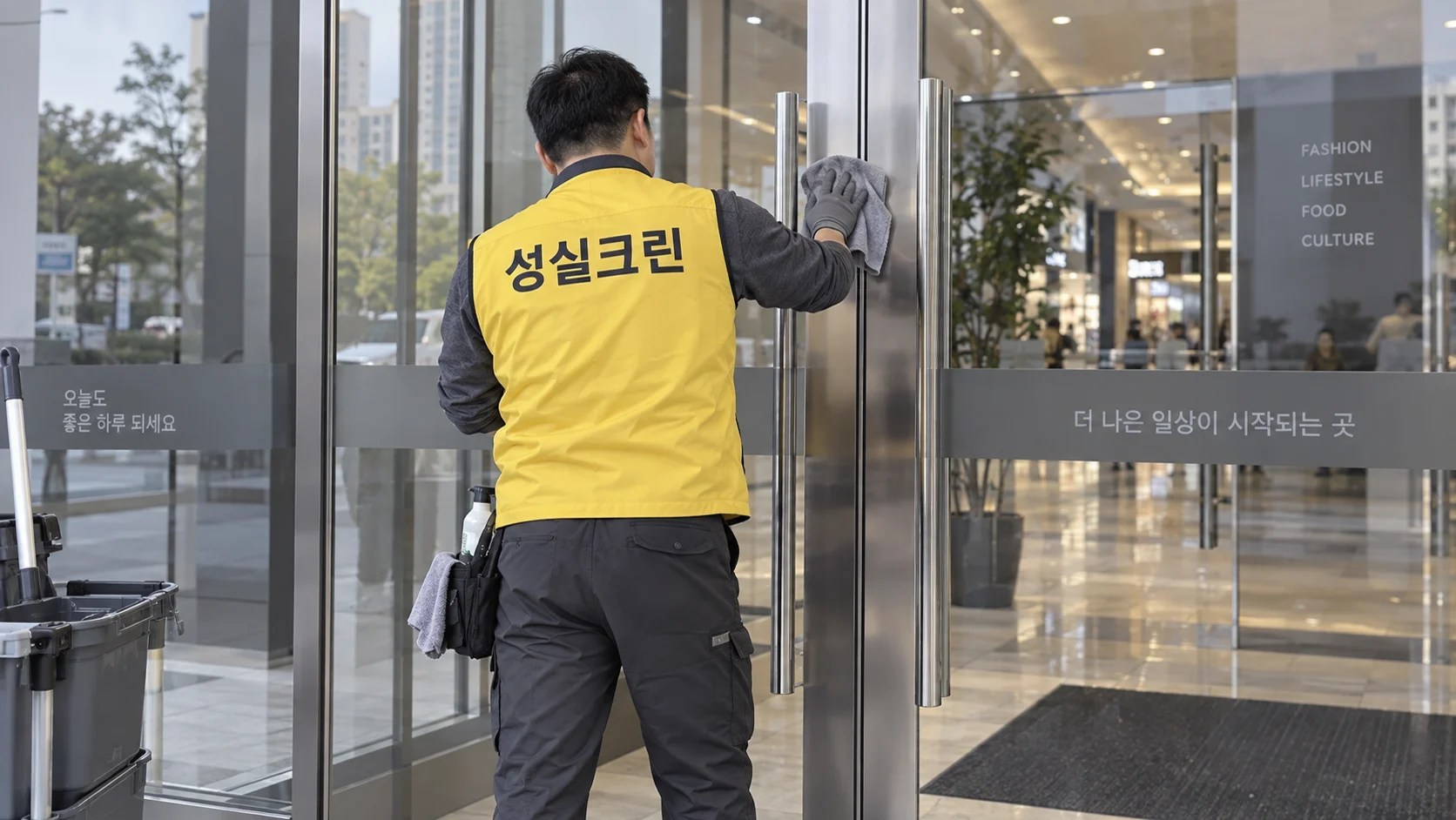 공용 통로 바닥을 세척합니다