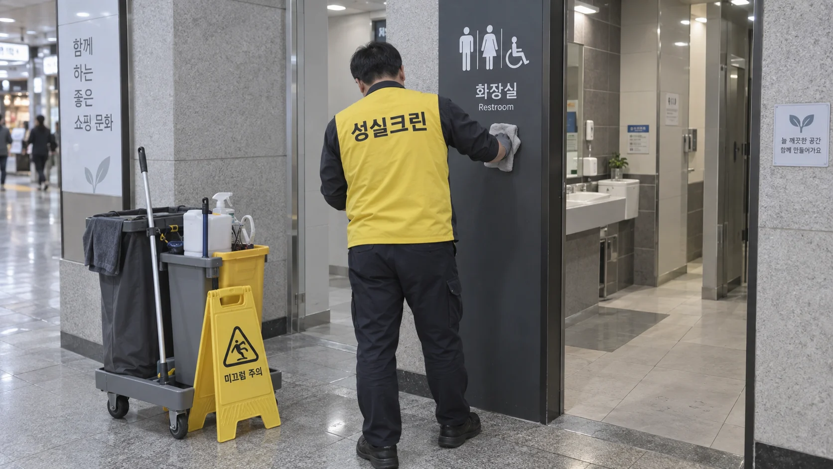 유리 출입문과 손잡이를 닦습니다
