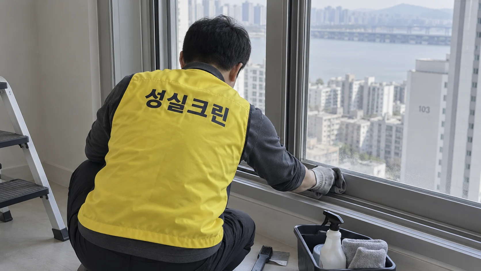 창틀과 유리의 공사 분진을 닦습니다