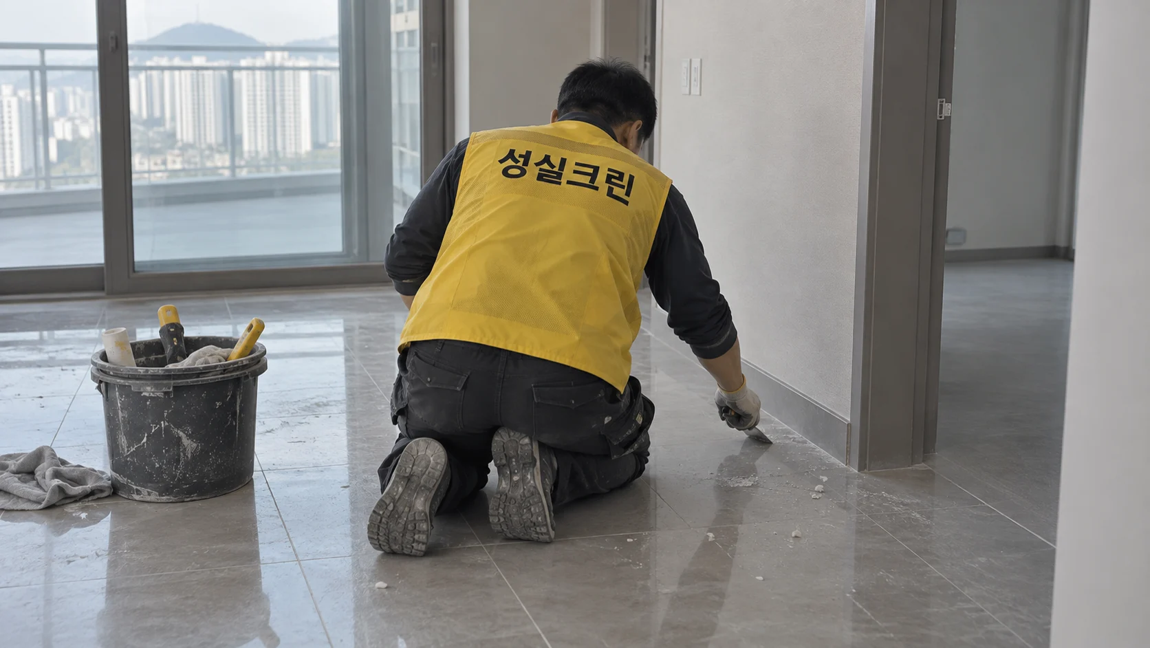 바닥의 실리콘과 공사 잔여물을 정리합니다