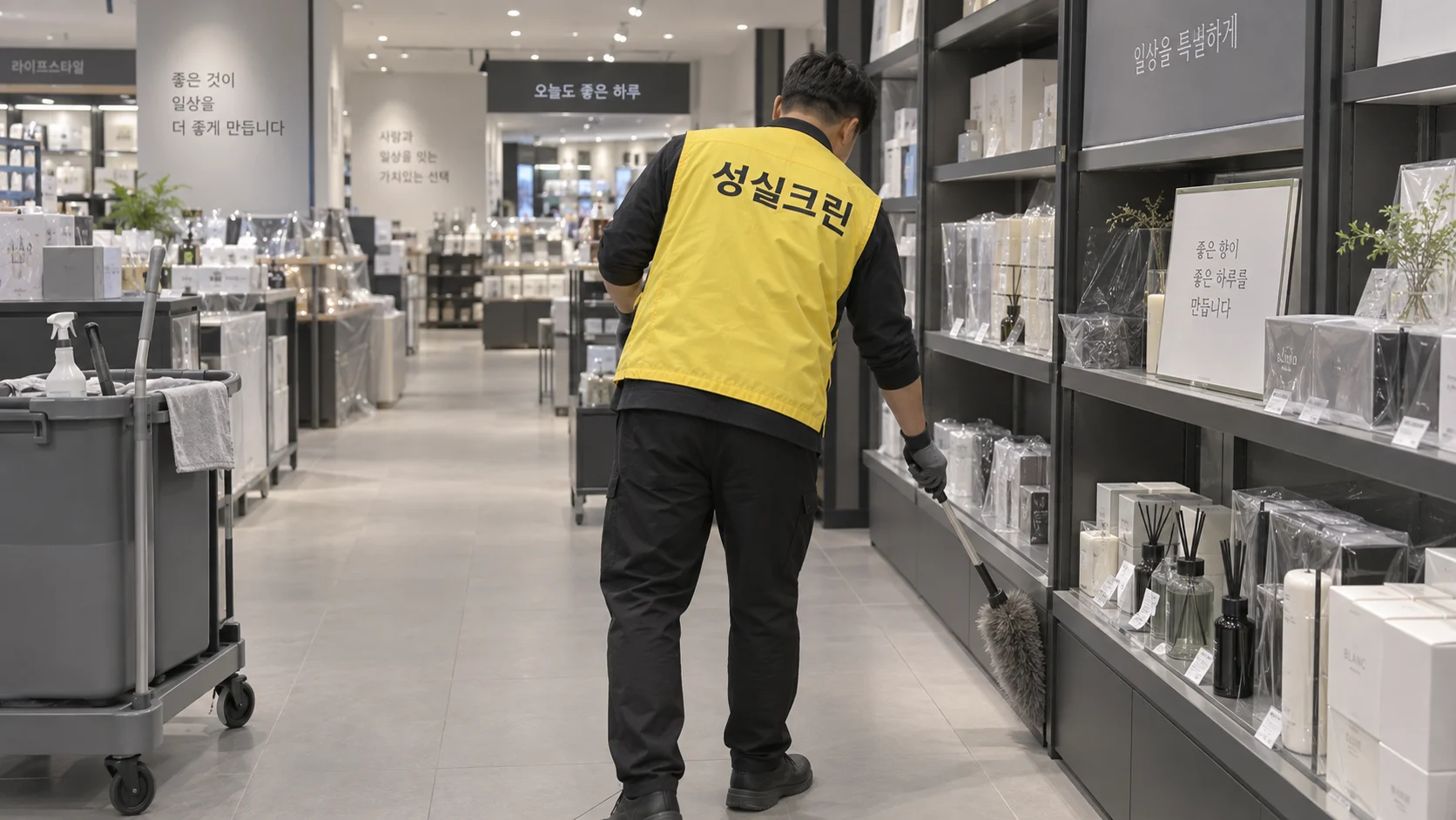 진열대와 집기 주변의 묵은 먼지를 걷어냅니다