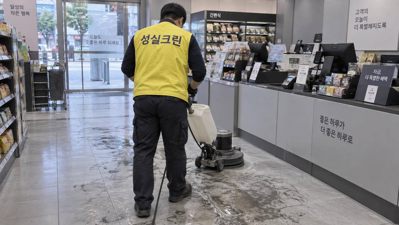 매장 바닥의 찌든때를 장비로 세척합니다