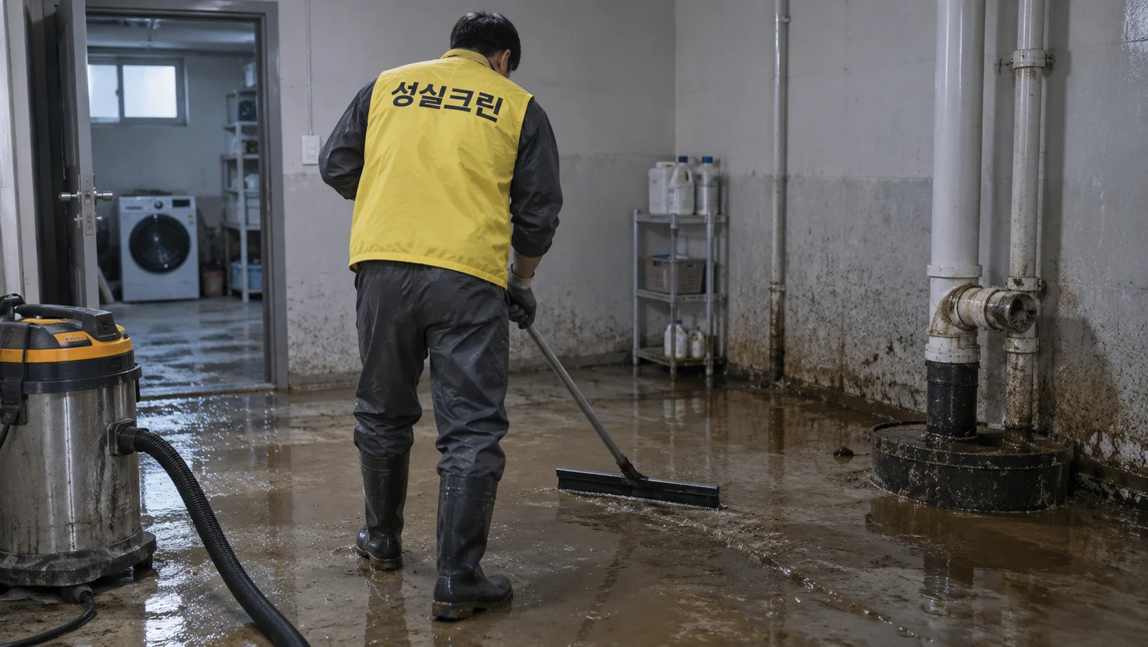 역류로 오염된 바닥을 세척합니다