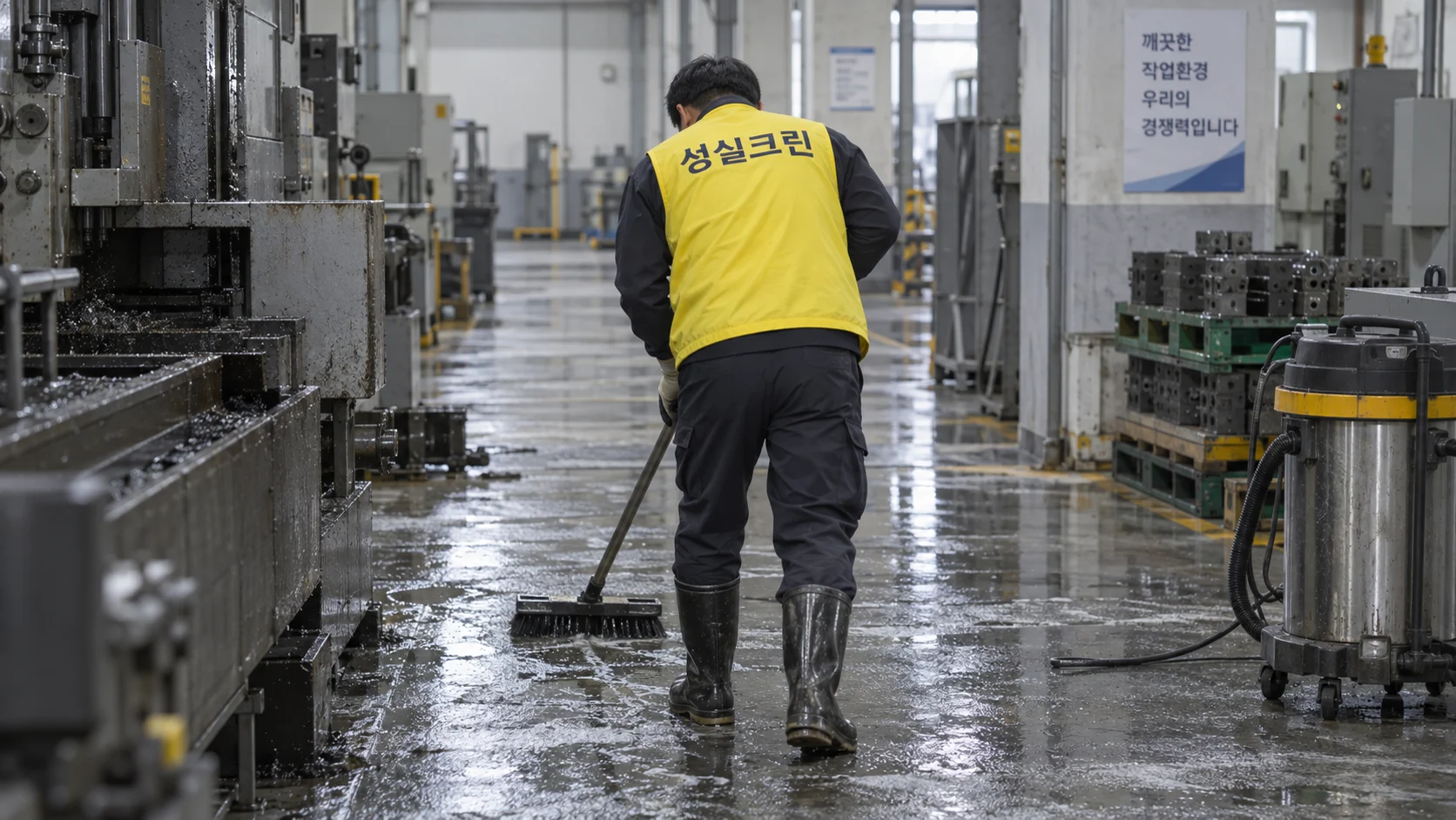 생산 통로의 기름 오염을 세척합니다