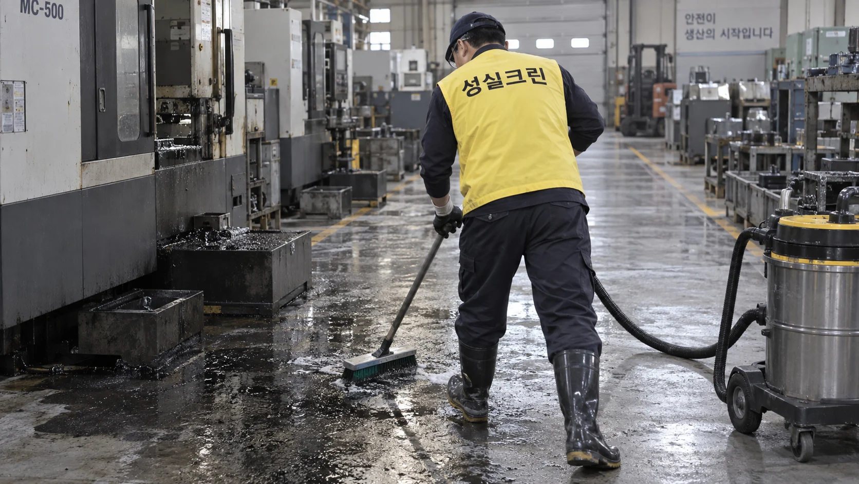 공장 바닥의 검은 기름때를 세척합니다