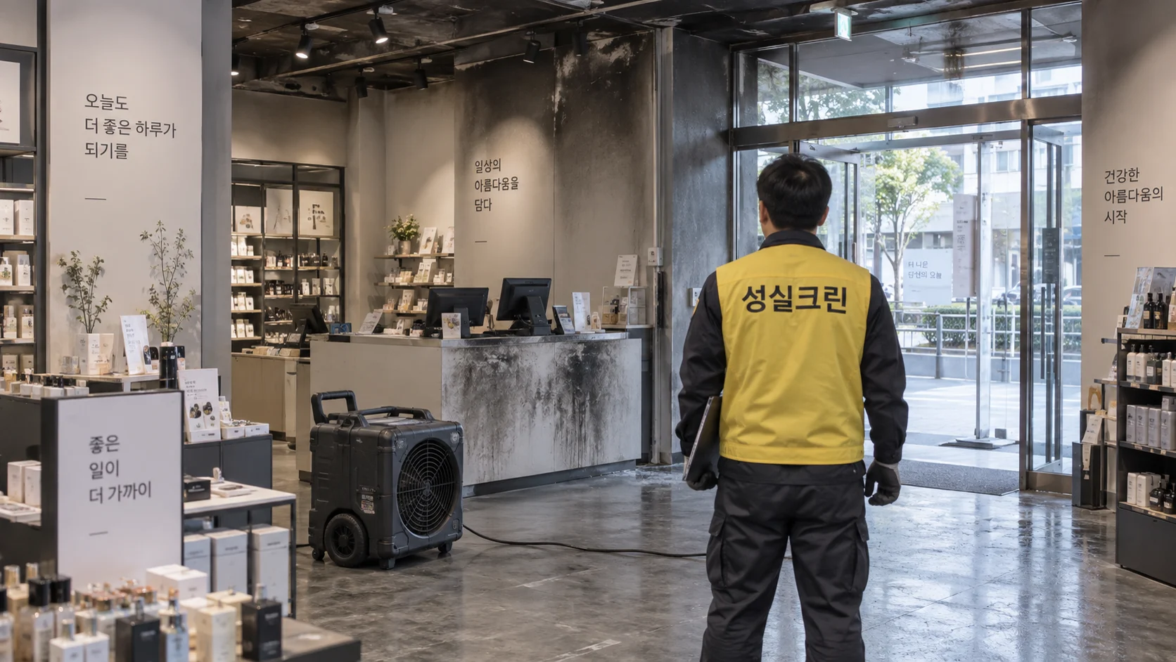 화재 피해를 입은 영업공간의 마감을 확인합니다
