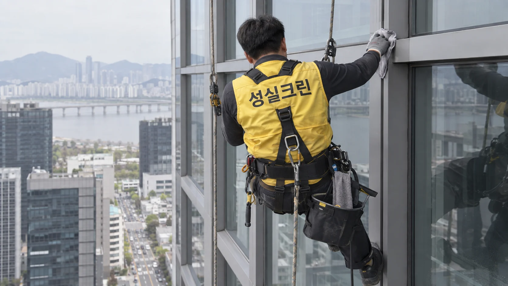 로프 작업으로 창틀과 프레임까지 닦습니다