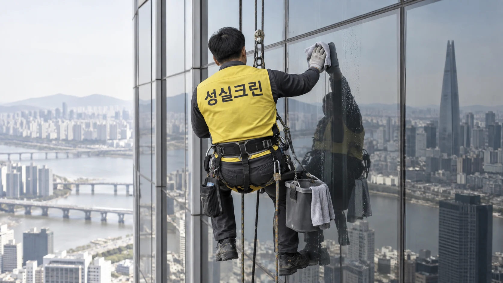 외벽 로프 작업으로 마감 상태를 확인합니다