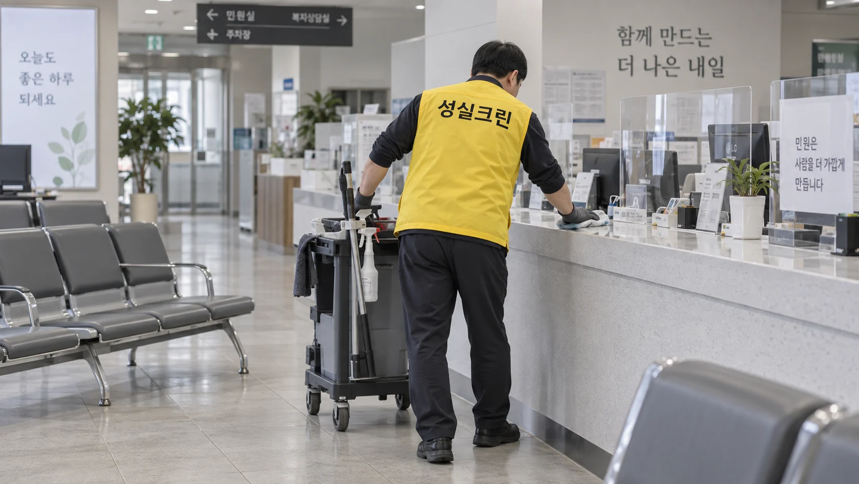 민원대와 대기 의자를 닦습니다
