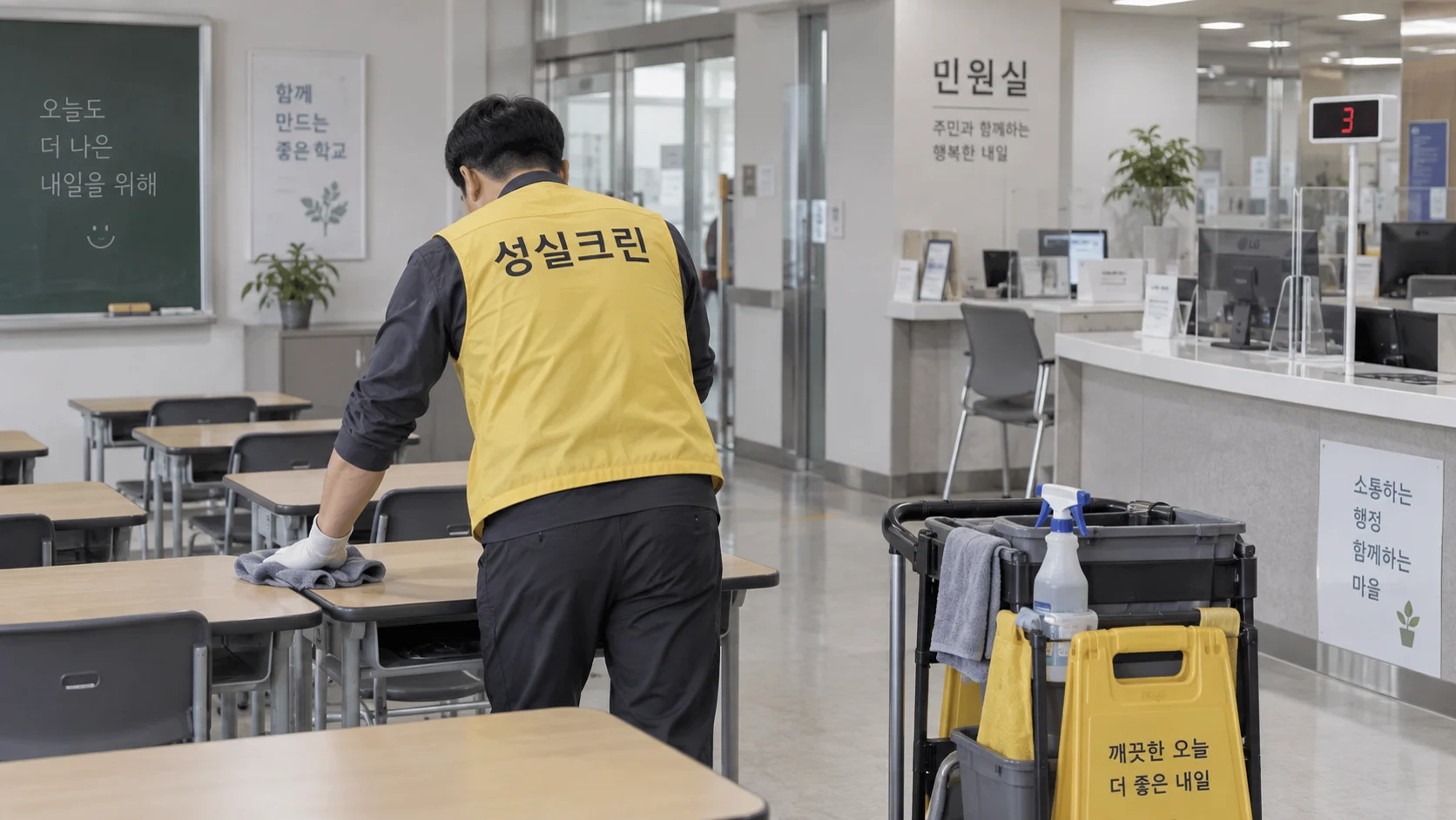 교실과 민원공간 집기를 닦습니다