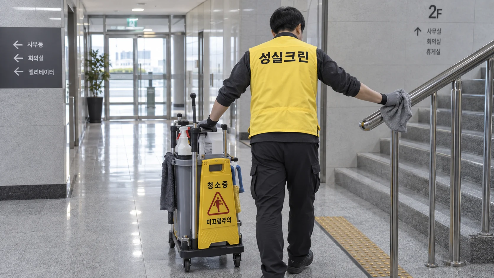 복도와 계단을 집중 세척합니다