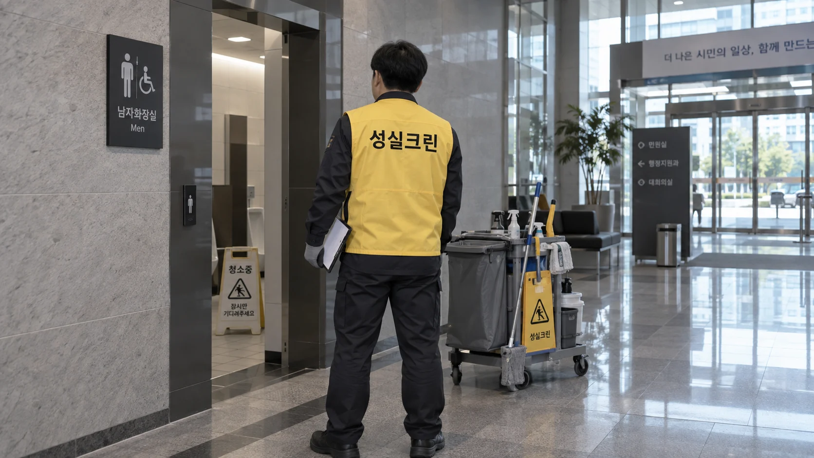 화장실과 출입구를 최종 점검합니다