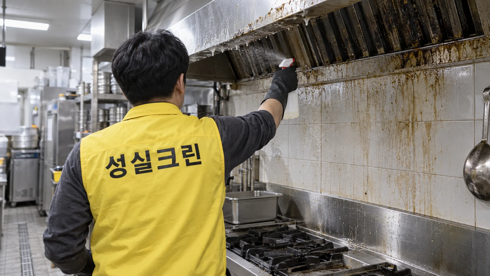 후드와 타일의 굳은 기름때를 불립니다