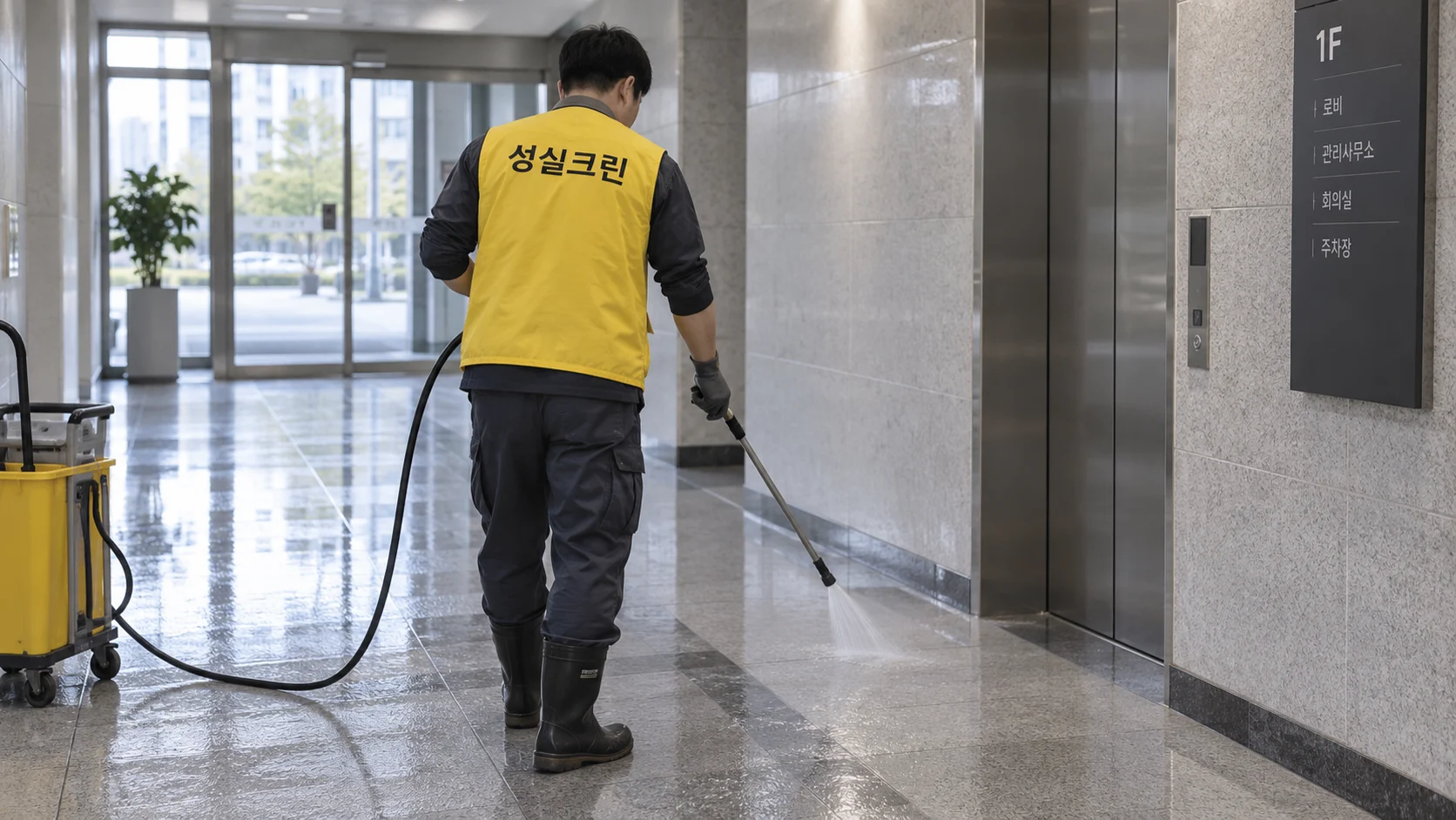 헹굼 뒤 바닥의 미끄럼을 확인합니다