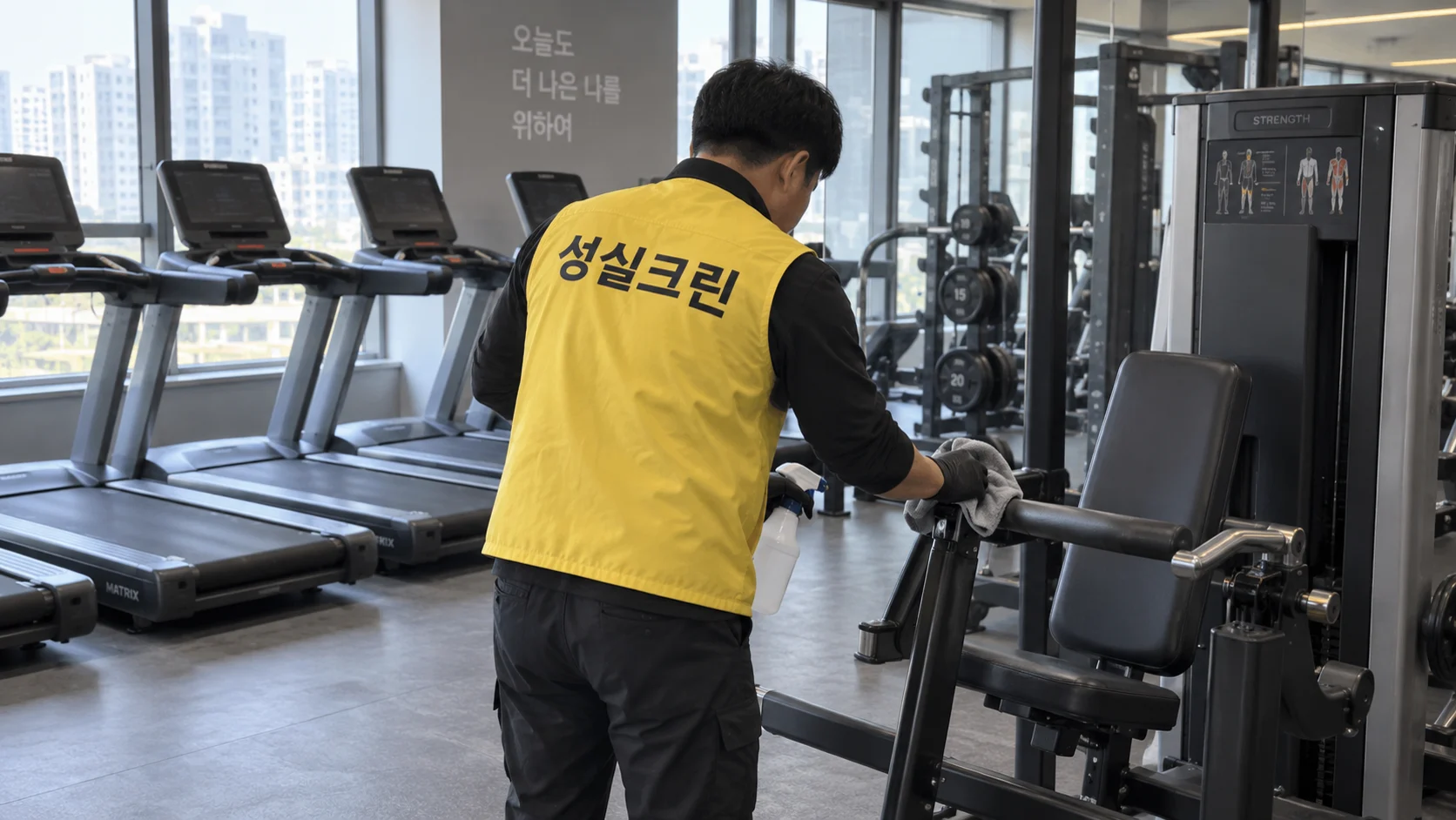 운동기구 손잡이를 닦습니다