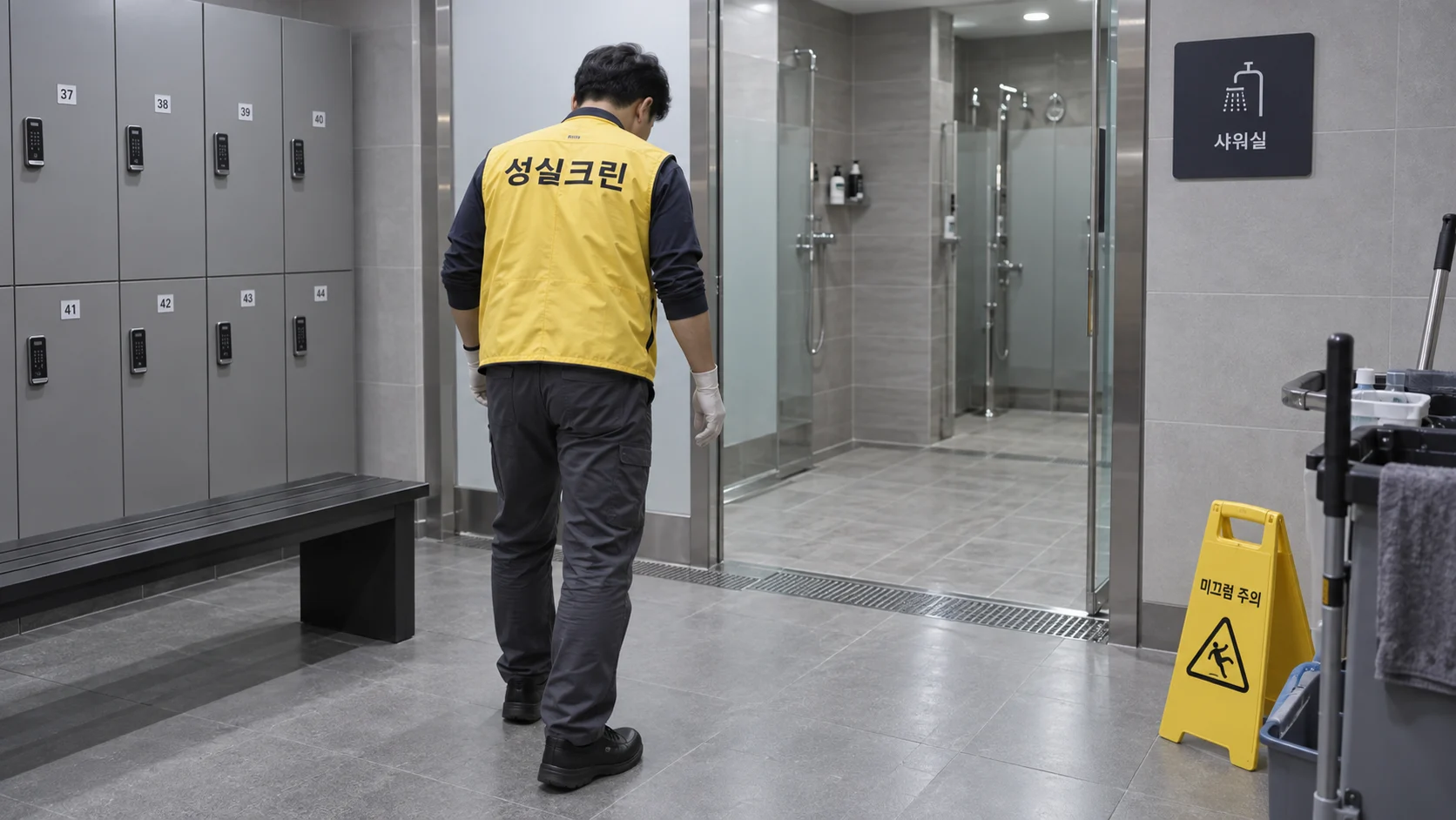 탈의실과 샤워실 입구를 점검합니다