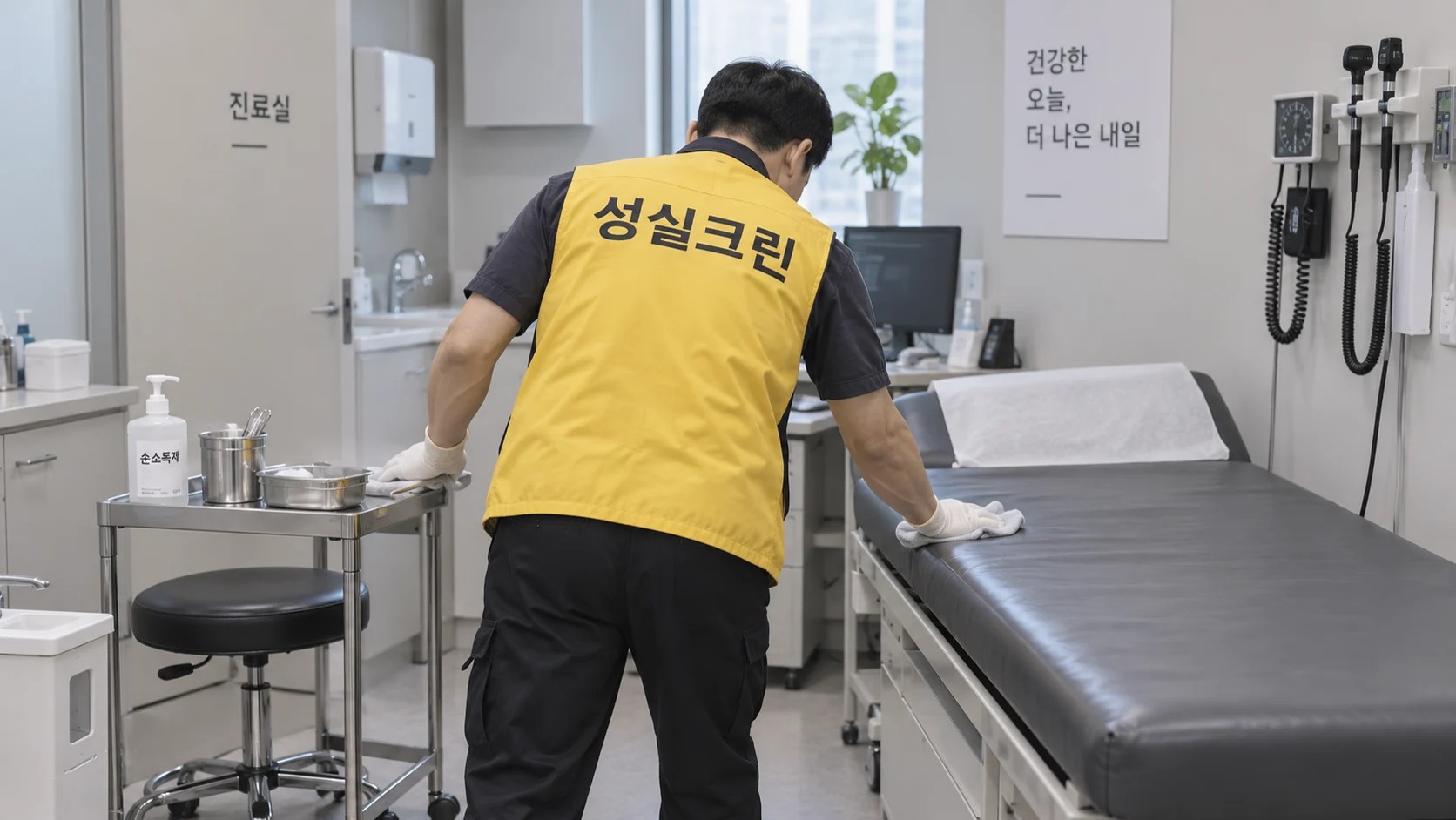 진료실 접촉 표면을 위생적으로 닦습니다