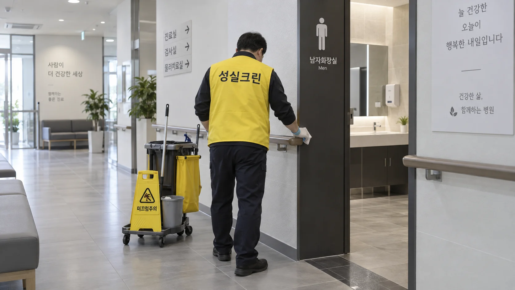 복도와 화장실 앞 위생 상태를 점검합니다