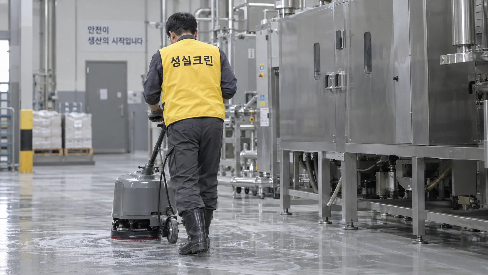 설비 주변과 산업 바닥을 세척합니다