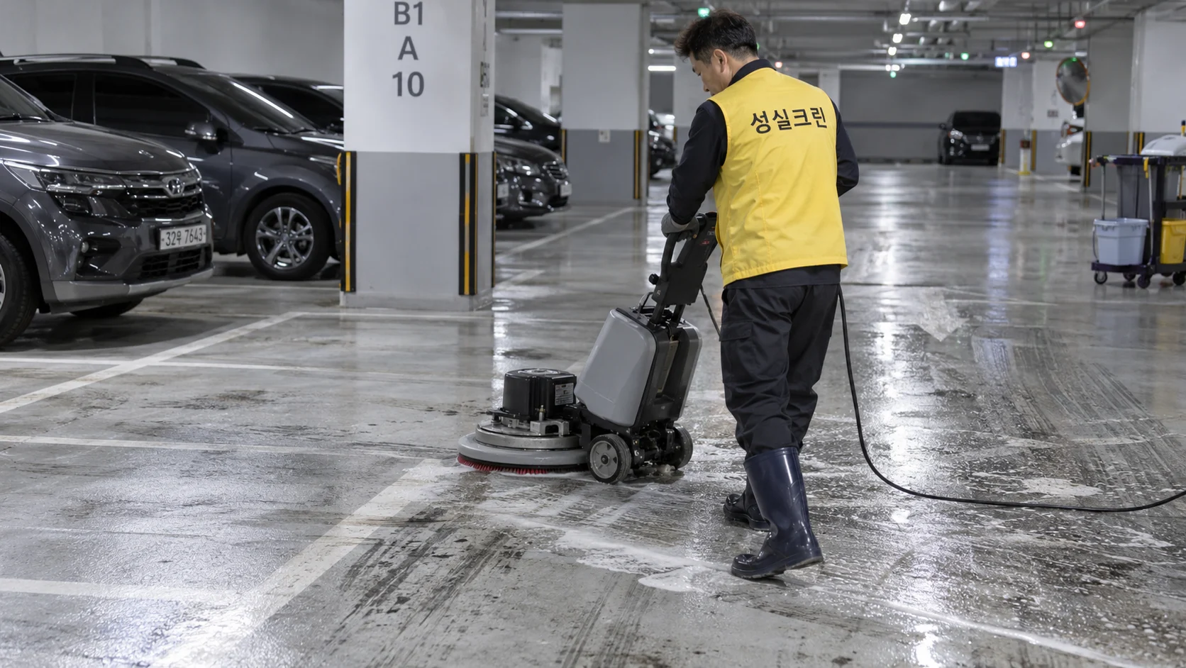 주차면의 타이어 자국을 세척합니다