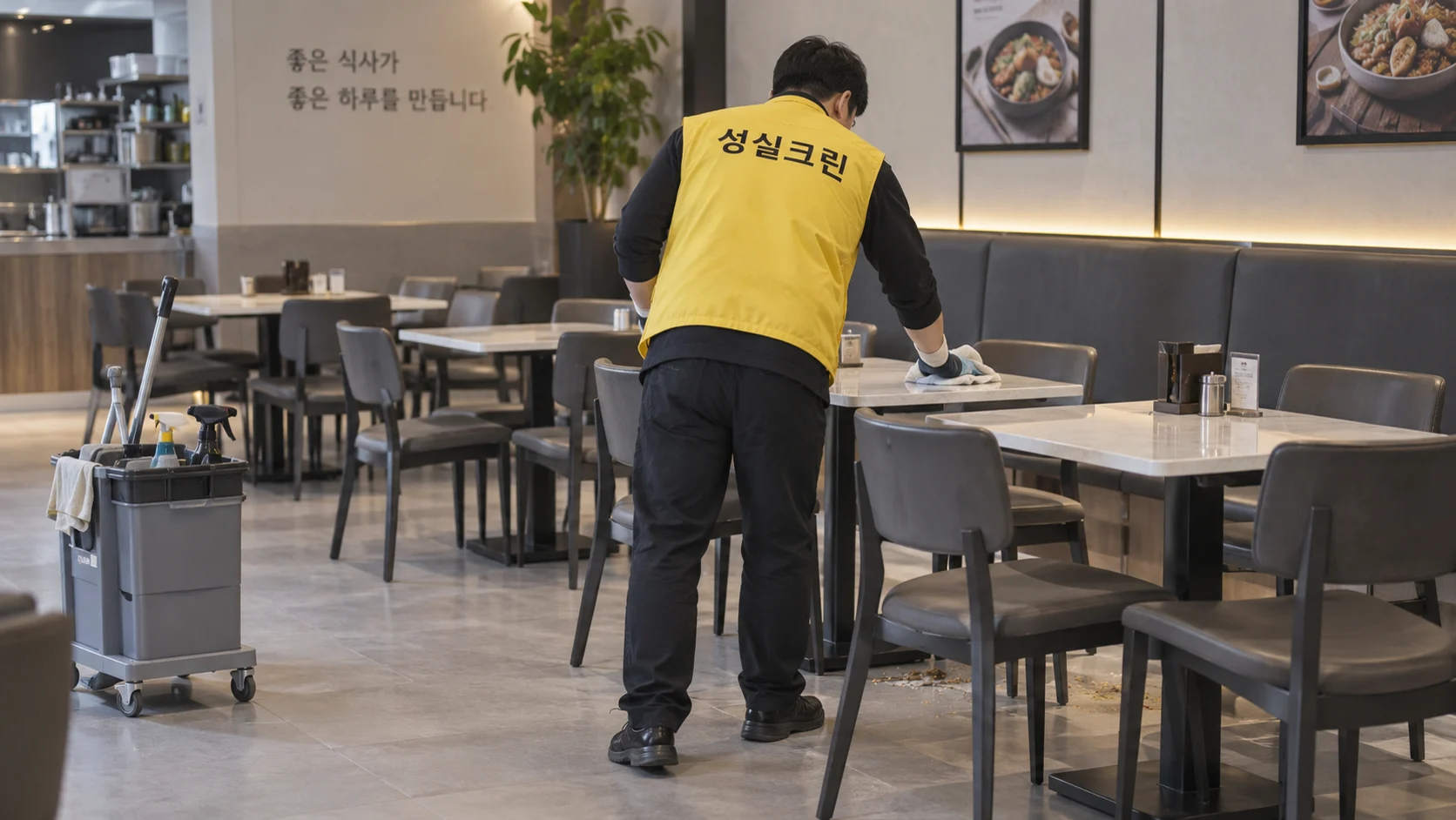 홀 테이블과 바닥의 음식물 얼룩을 닦습니다