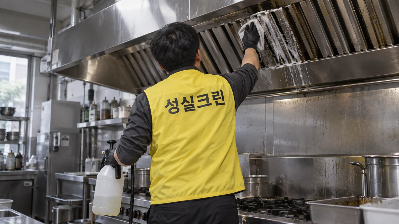 주방 후드와 덕트의 기름때를 세척합니다