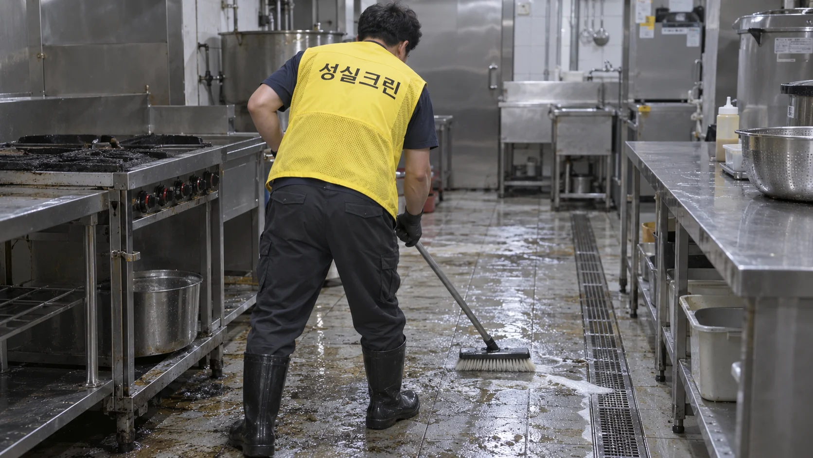 주방 바닥의 기름기와 물기를 확인합니다