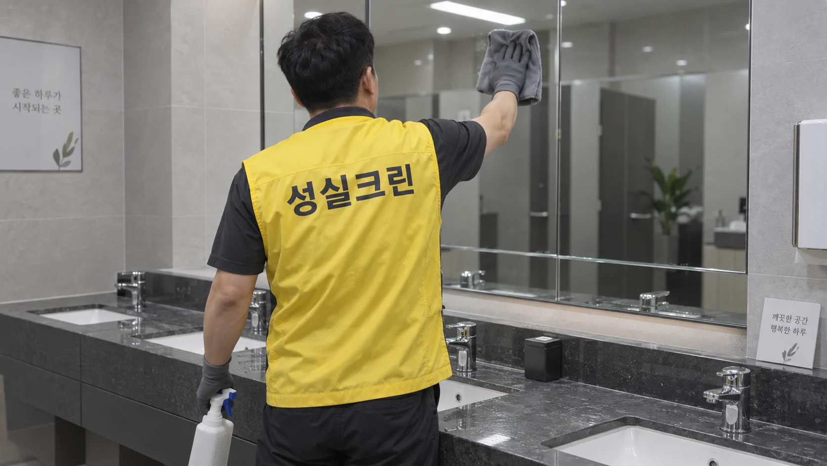 세면대와 거울의 물때를 닦습니다
