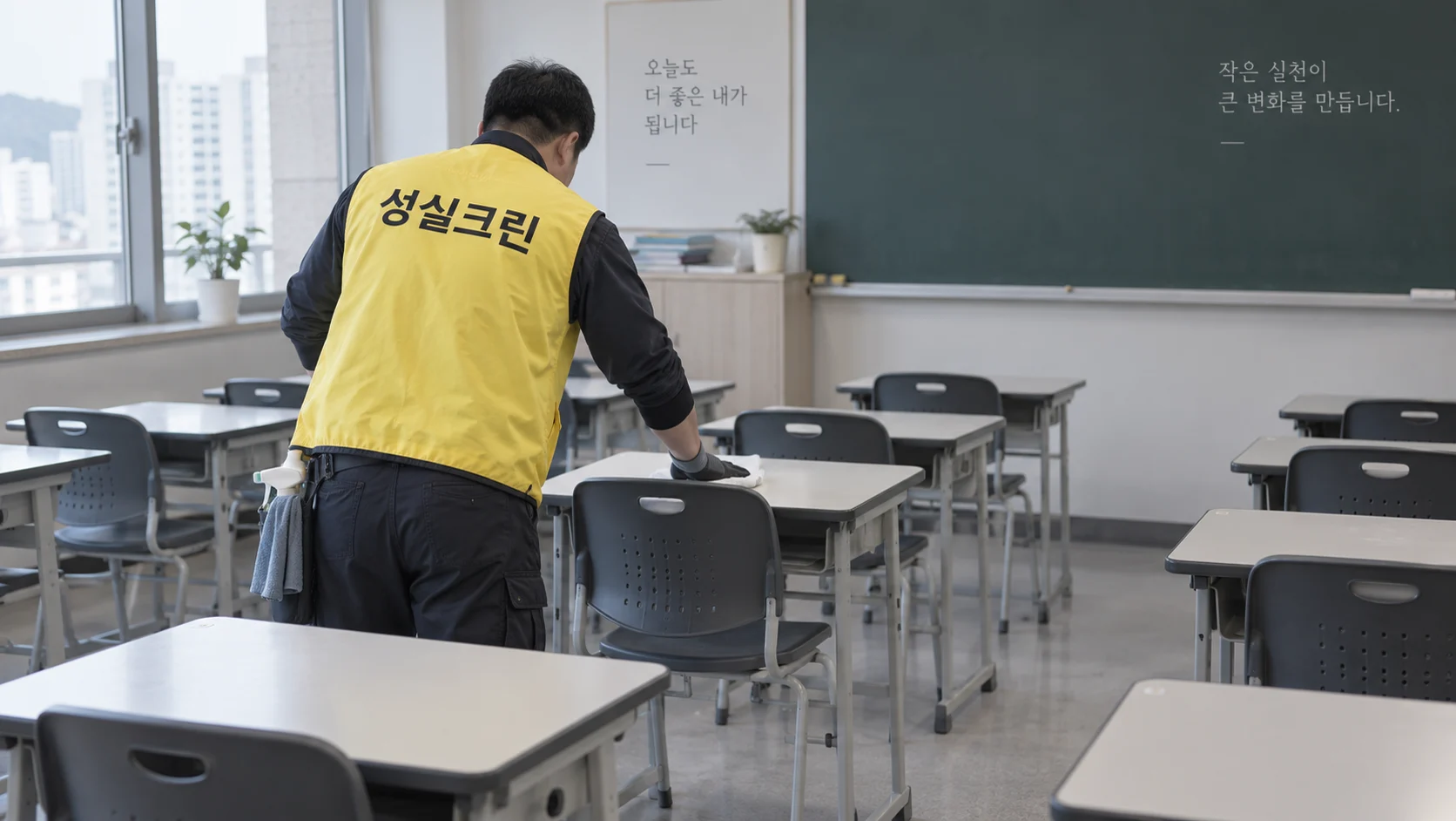 교실 책상과 의자를 닦습니다
