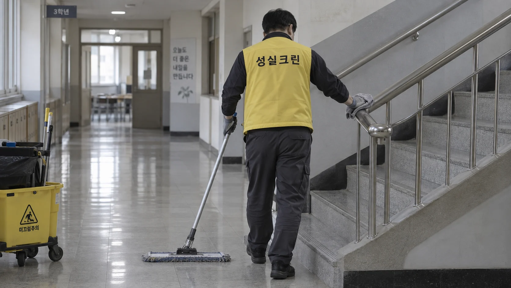 복도와 계단 난간을 청소합니다