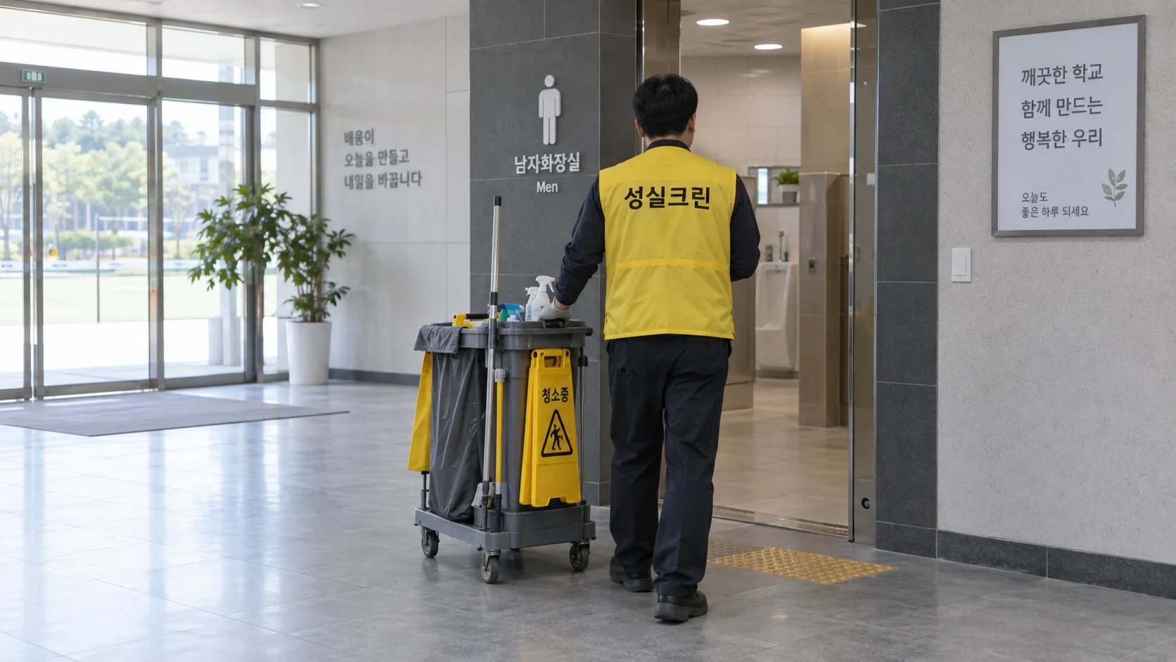 학교 화장실과 출입구를 점검합니다