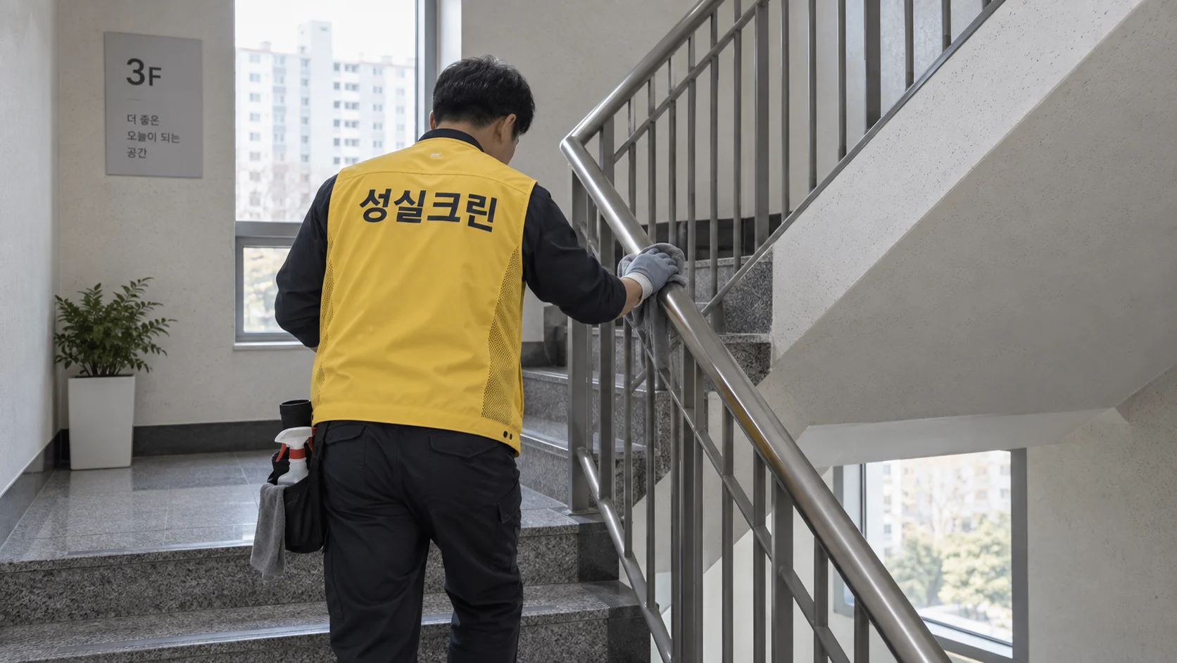 난간과 손잡이의 손자국을 제거합니다