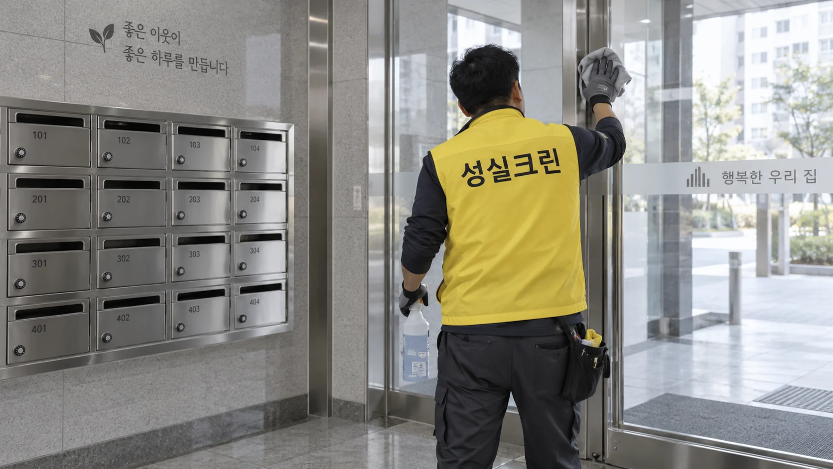 공동현관과 우편함 주변을 닦습니다